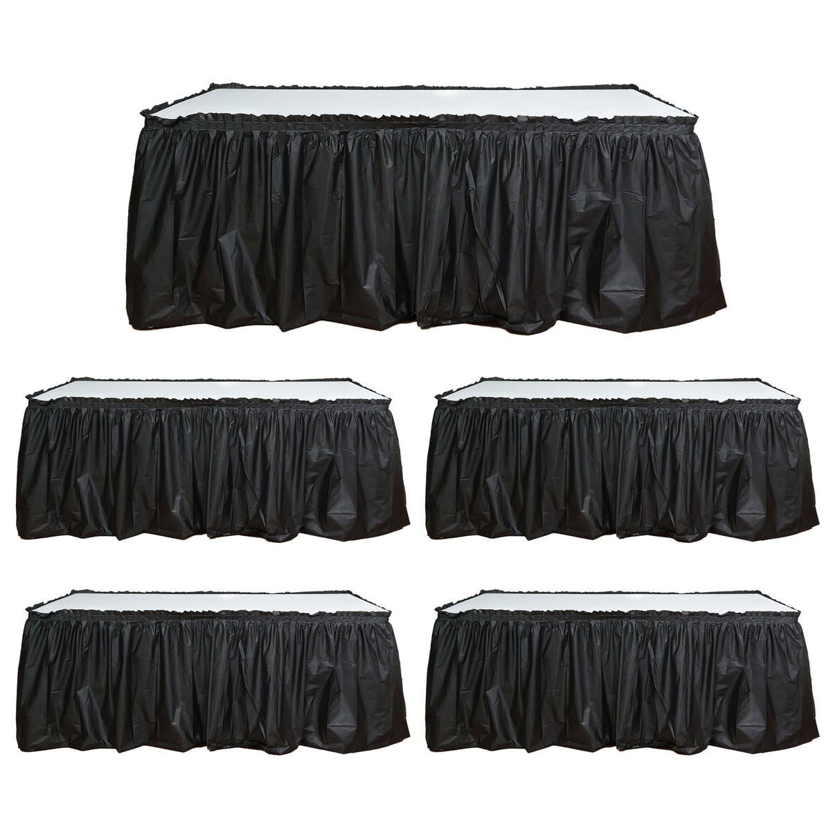 5 Pack Plastic Table Skirts Black Ruffled - Durable Disposable Skirts for Events 14ft