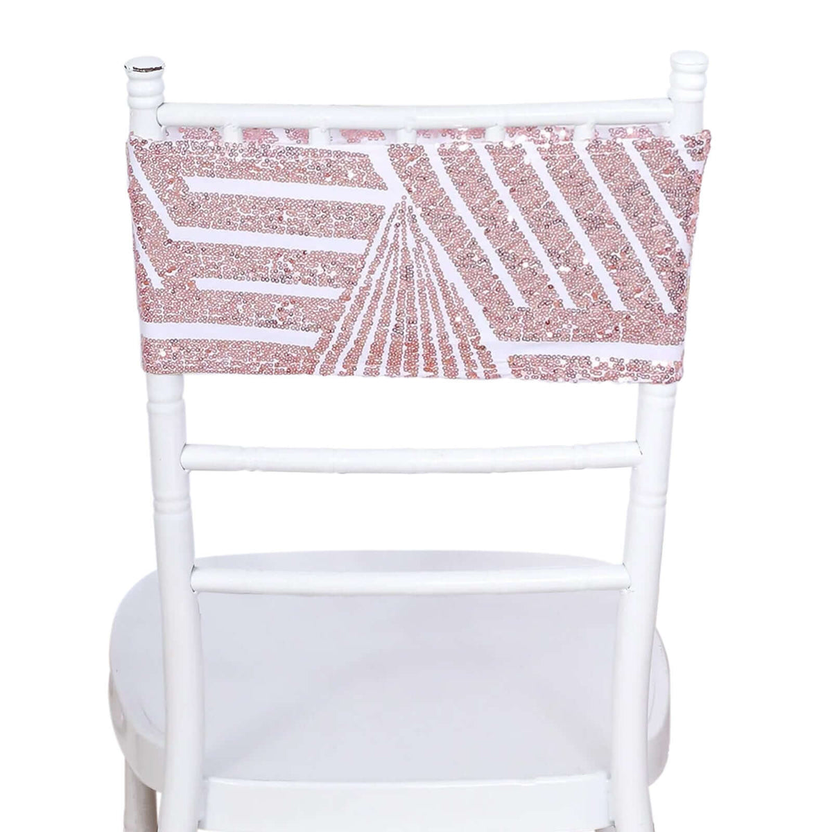 5 Pack Sequin Spandex Chair Sash White with Rose Gold Geometric Diamond Glitz Pattern - Durable & Easy To Use Stretchable Chair Bands