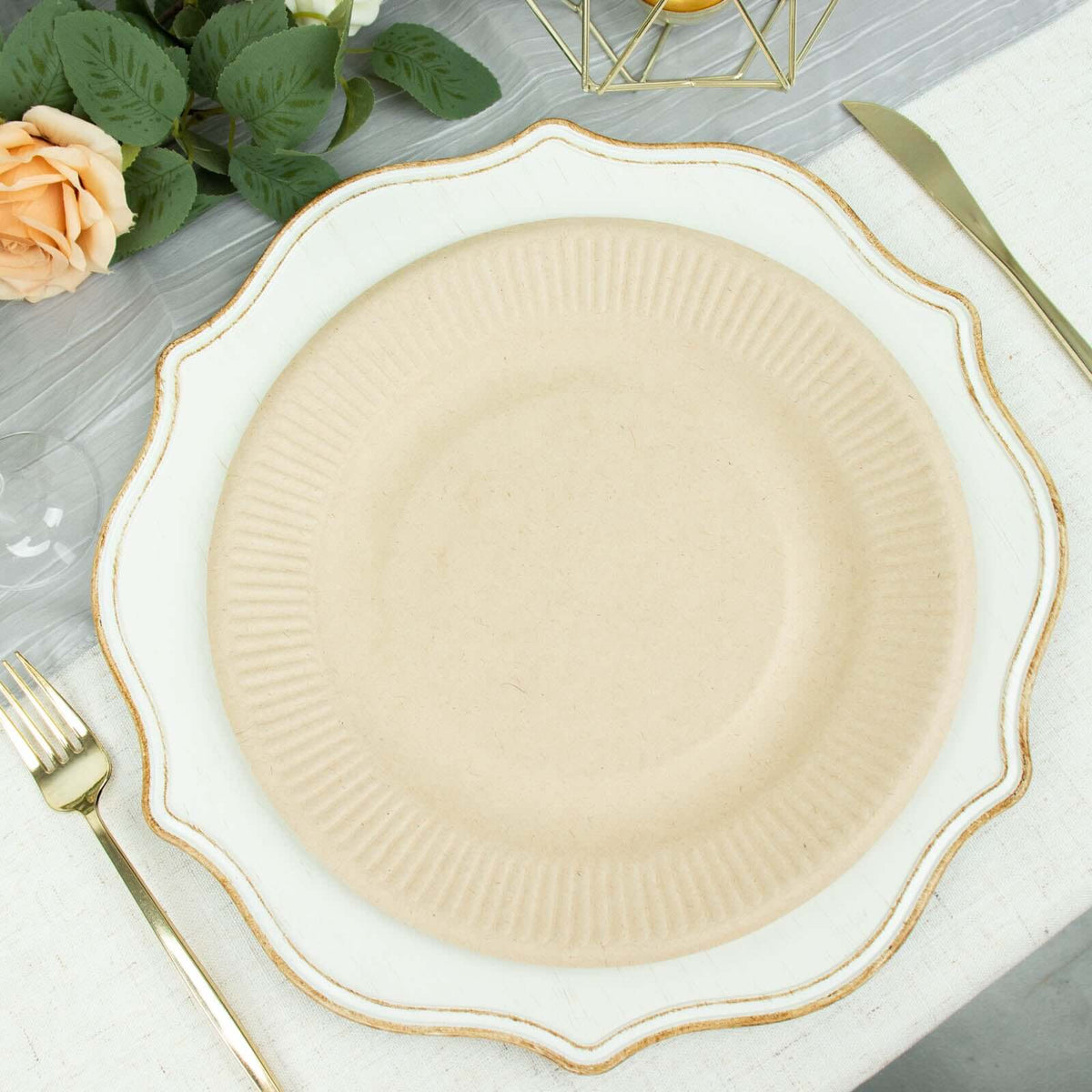 50-Pack Bagasse 10" Round Dinner Plates in Natural with Ribbed Rim - Eco Friendly Biodegradable Sugarcane Party Plates for Events