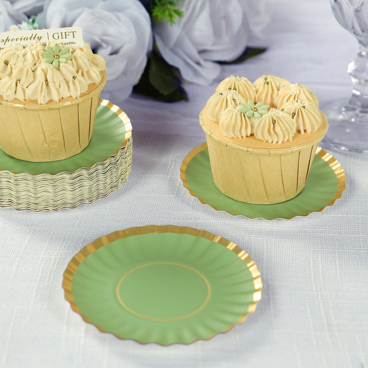 50-Pack Paper 3.5" Round Party Plates in Dusty Sage Green with Gold Scalloped Rim for Tapas, Appetizers & Finger Foods
