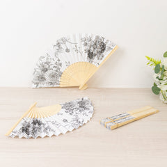 5-Pack Paper Folding Fans Party Favors in White & Black French Toile Pattern, Handheld Fans with Bamboo Frame