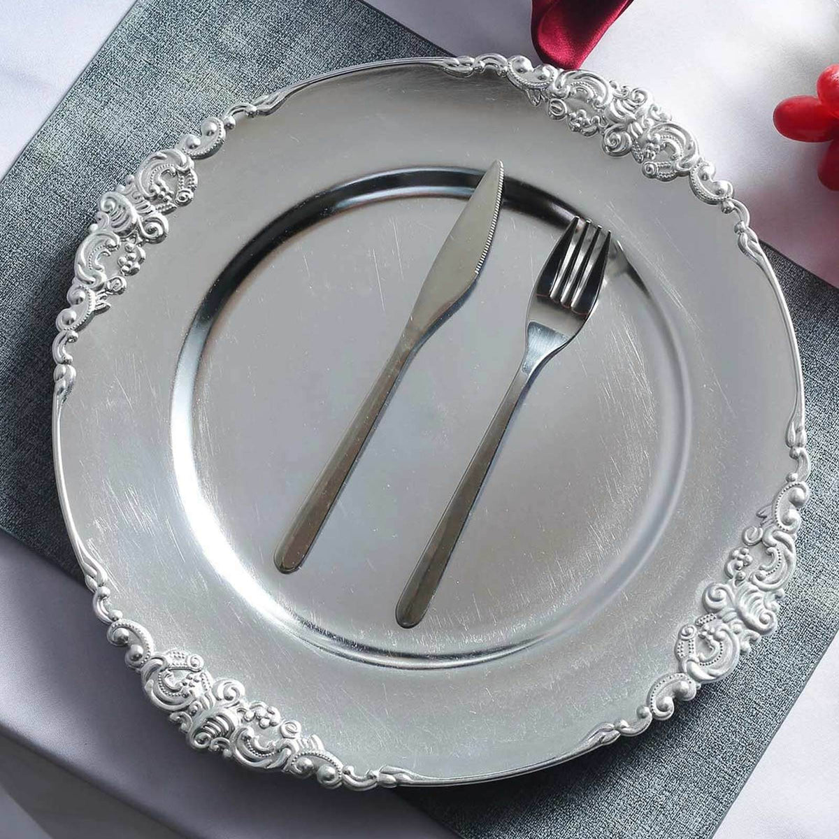 6-Pack Acrylic Round Charger Plates 13" in Silver with Embossed Baroque Rim, Antique Decorative Dinner Party Charger Tableware