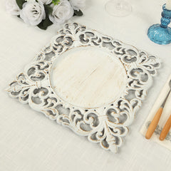 6-Pack Acrylic Square Charger Plates 12" Antique White with Hollow Lace Border, Event Tabletop Decorative Charger Tableware
