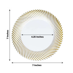 10-Pack Plastic 7" Round Dessert Plates in White with Gold Swirl Rim - Disposable Salad Plates for Classy Events & Banquets