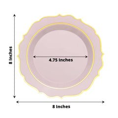 10-Pack Plastic 8" Round Dessert Plates in Blush with Gold Scalloped Rim - Disposable Appetizer/Salad Plates