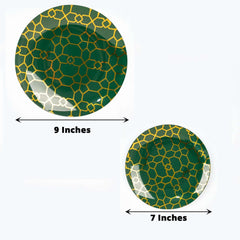 20-Pack Set Plastic Round Dinner and Salad Plates in Hunter Emerald Green with Geometric Gold Print - Modern Disposable Dinnerware Set for Weddings & Celebrations 9", 7"