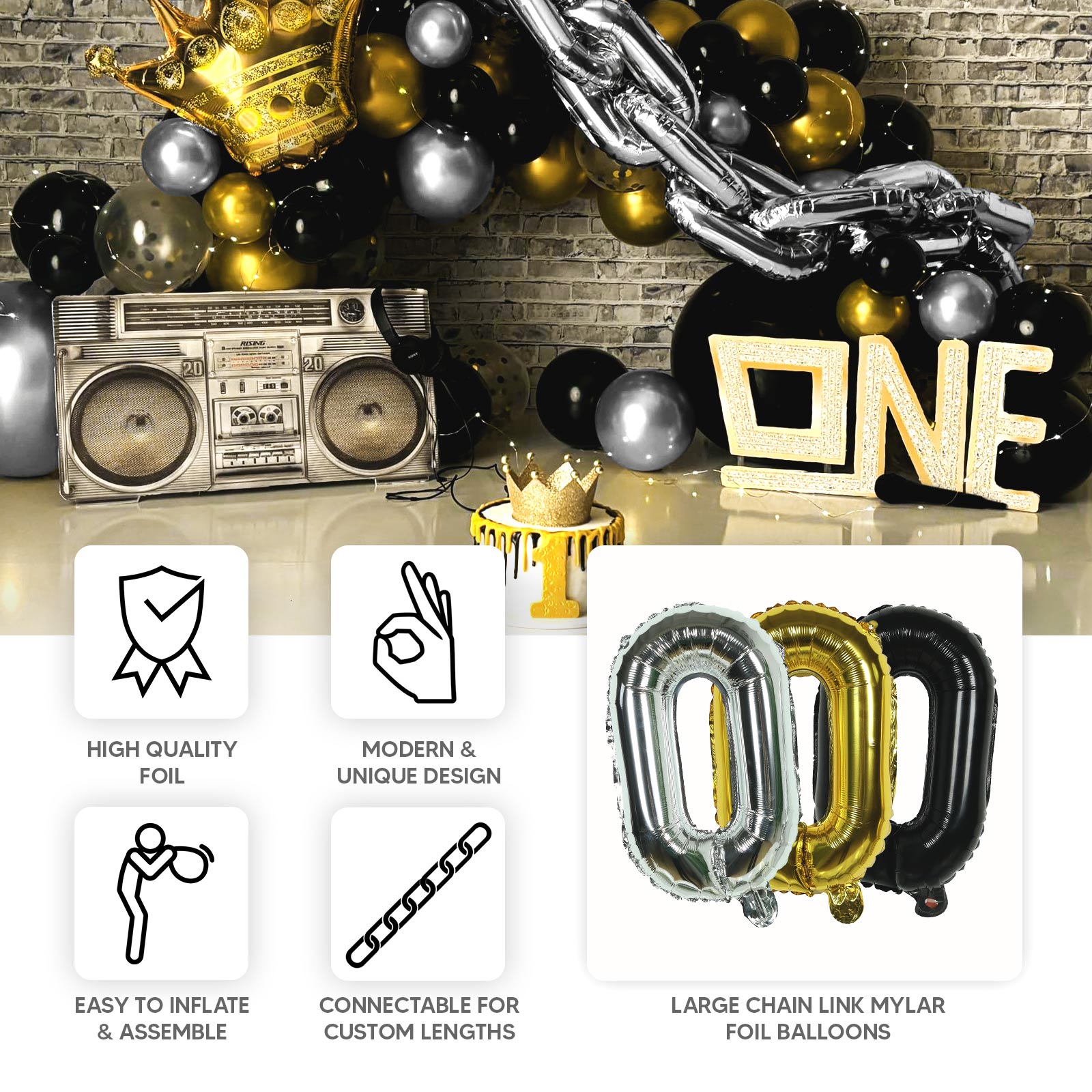 16ft Jumbo Chain Link Balloons in Silver, 30pack 8x12" Durable Foil Chain Balloons for 90s Hip Hop Party Decorations, Event Decor