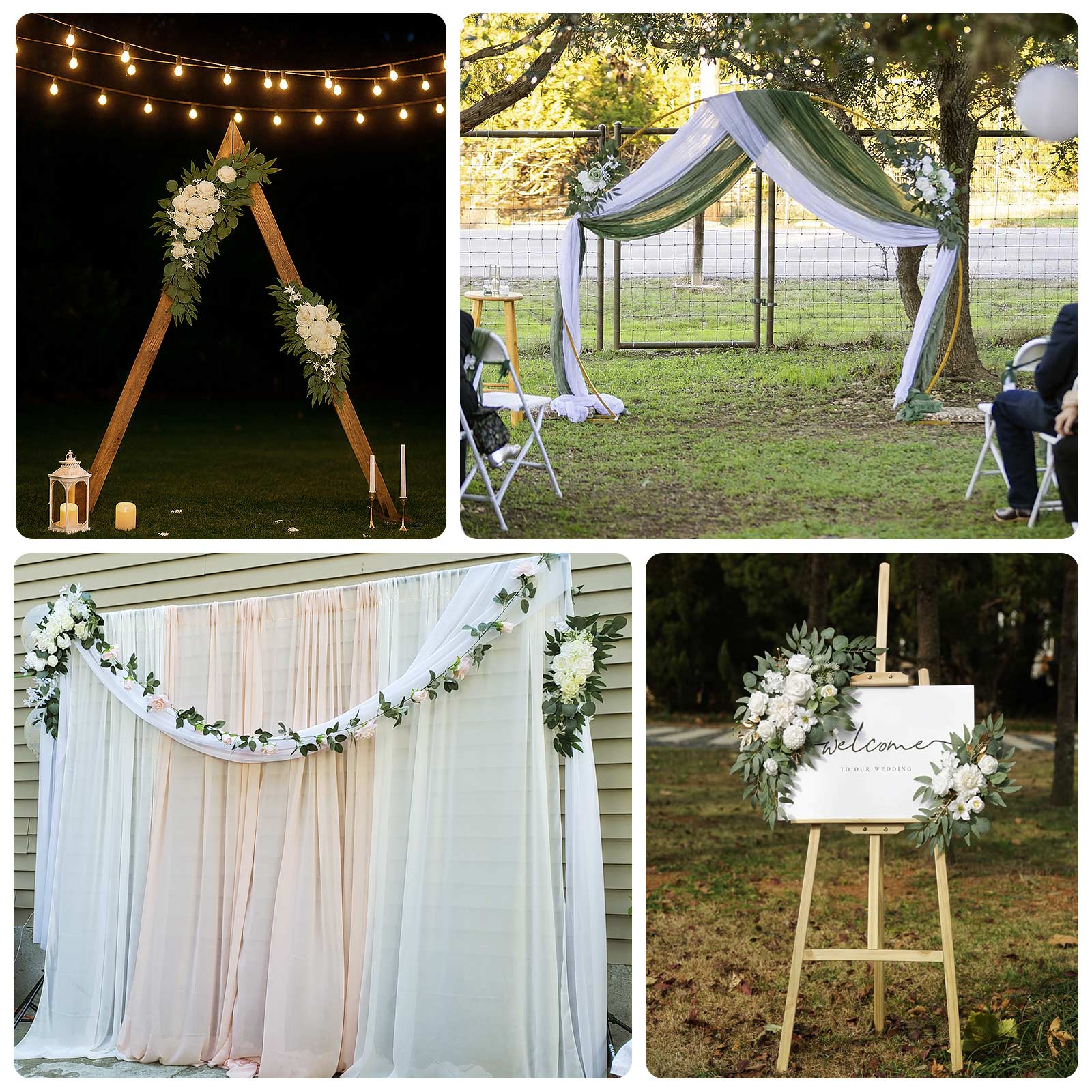 Set of 2 White Silk Rose Wedding Arch Flowers with Eucalyptus Leaves, Artificial Floral Swag Arrangement Party Decorations - 20",30"