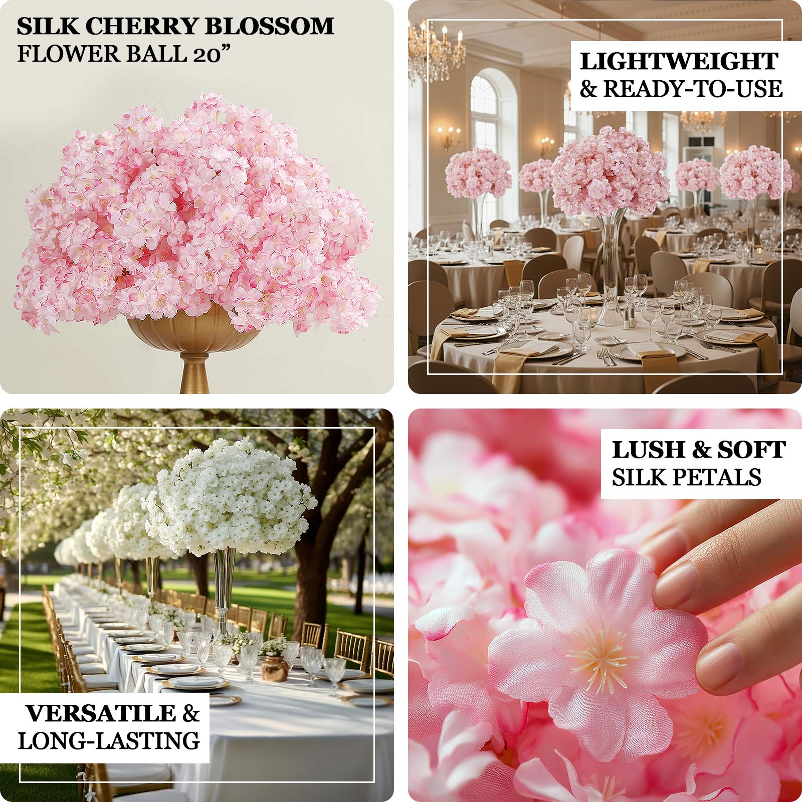 20" Pre-Arranged Artificial Cherry Blossom Centerpiece, Blush Silk Flower Ball Arrangement for Wedding & Event Tables