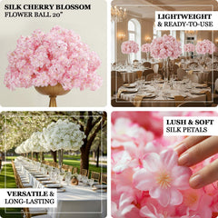 20" Pre-Arranged Artificial Cherry Blossom Centerpiece, Blush Silk Flower Ball Arrangement for Wedding & Event Tables