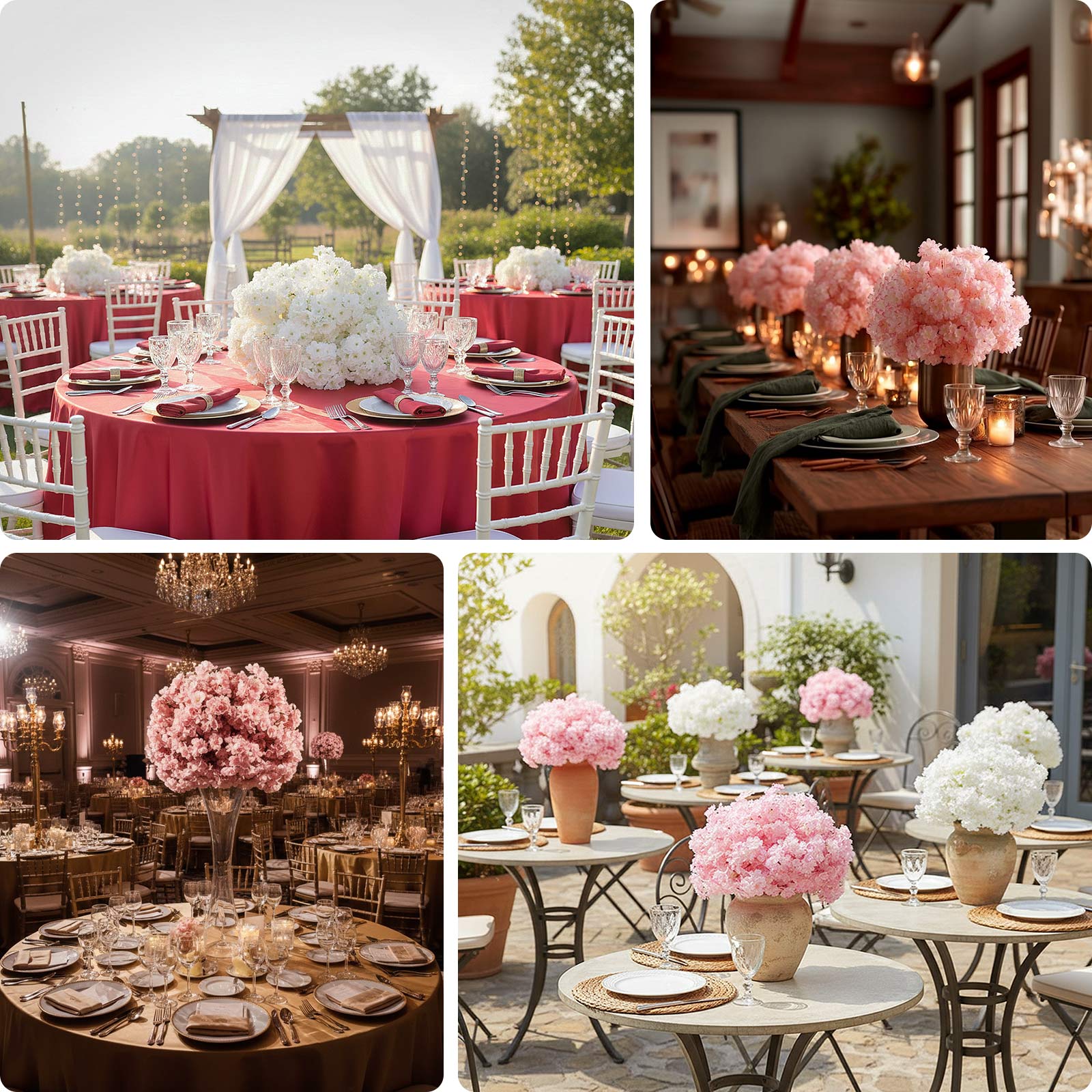 20" Pre-Arranged Artificial Cherry Blossom Centerpiece, White Silk Flower Ball Arrangement for Wedding & Event Tables