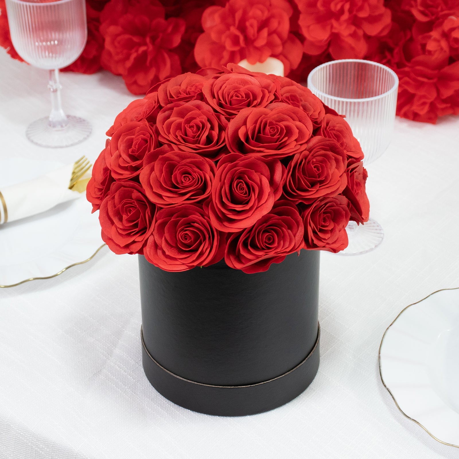 Red Prearranged Rose Centerpiece Arrangement, 27pcs Roses with Black Round Gift Box