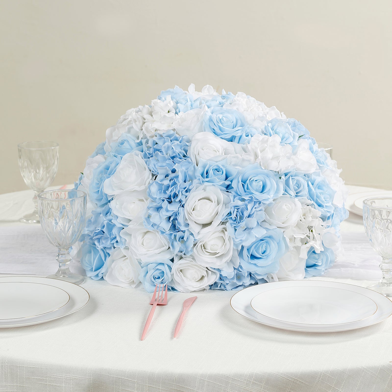 Pre-Arranged Silk Rose Wedding Centerpiece, Light Blue Artificial Rose Flower Balls Arrangement Table Decor - 20"