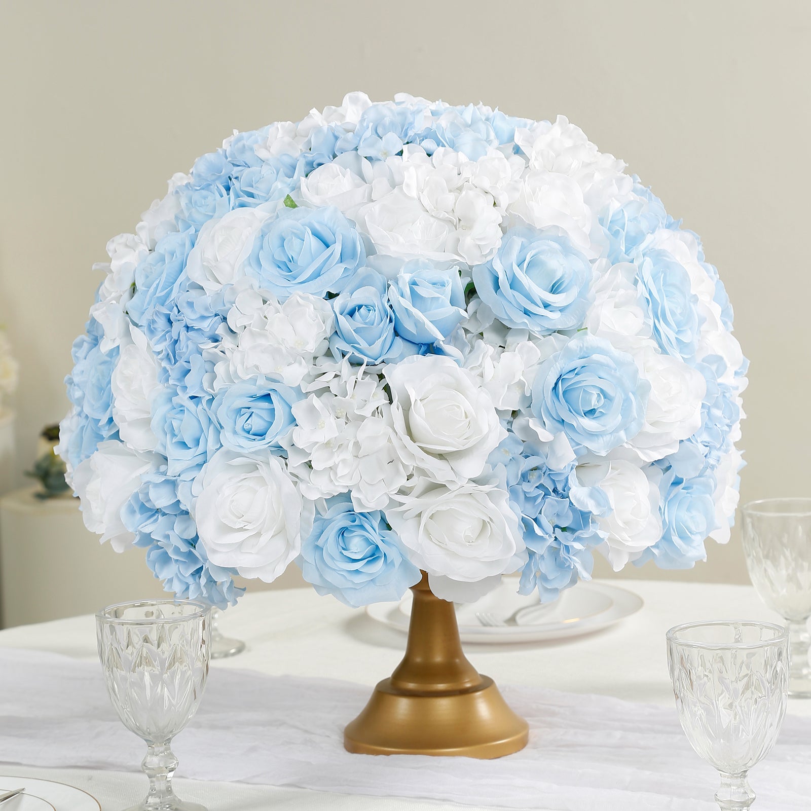 Pre-Arranged Silk Rose Wedding Centerpiece, Light Blue Artificial Rose Flower Balls Arrangement Table Decor - 20"
