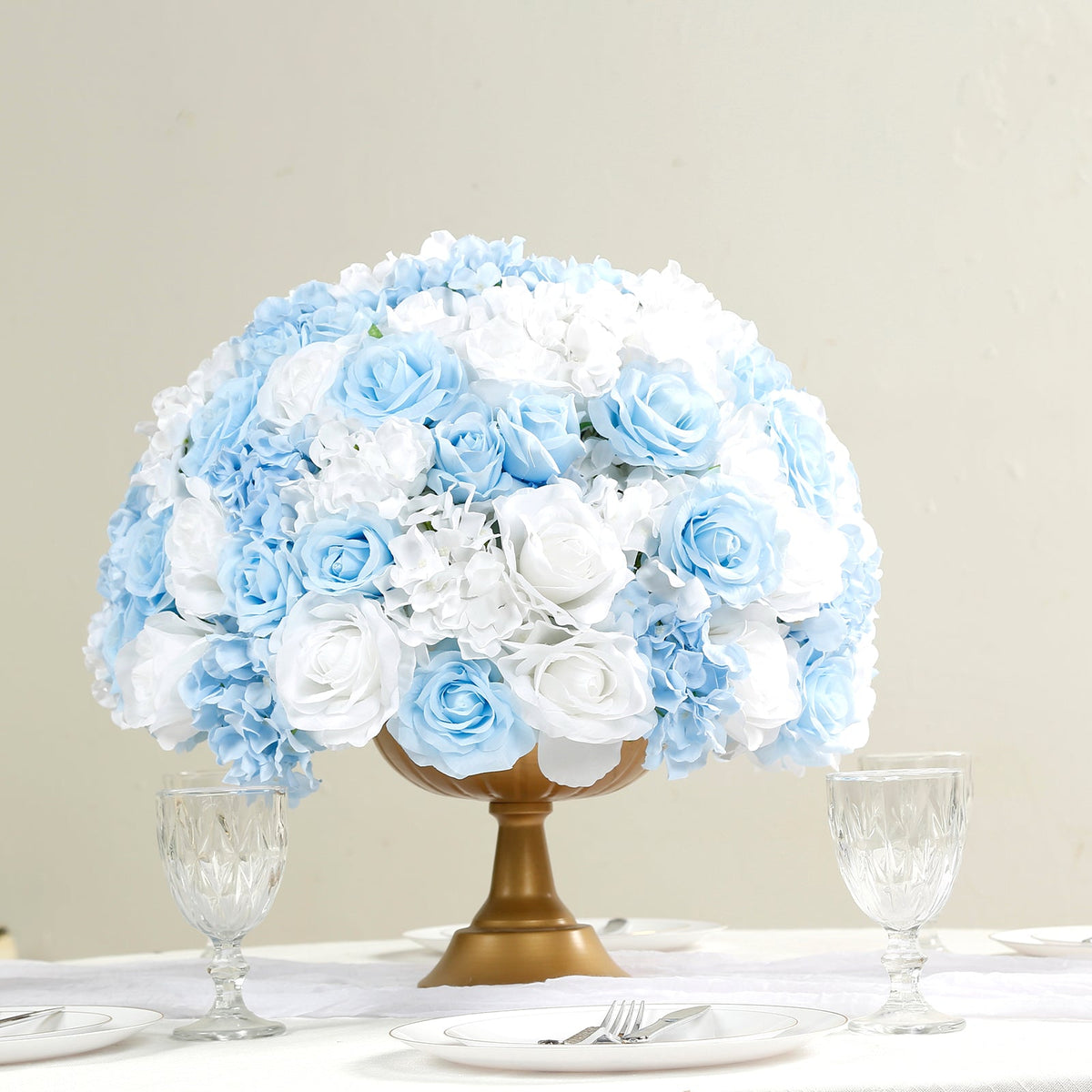 Pre-Arranged Silk Rose Wedding Centerpiece, Light Blue Artificial Rose Flower Balls Arrangement Table Decor - 20"