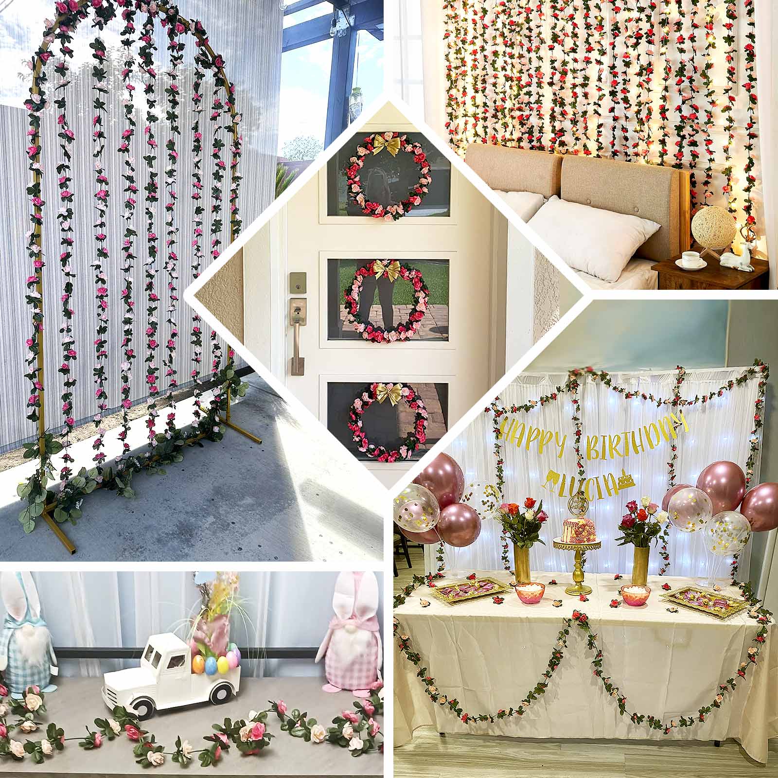2 Pack 8ft Red Ivory Artificial Silk Flower Garland Mini Rose Vines with 45 Flower Heads