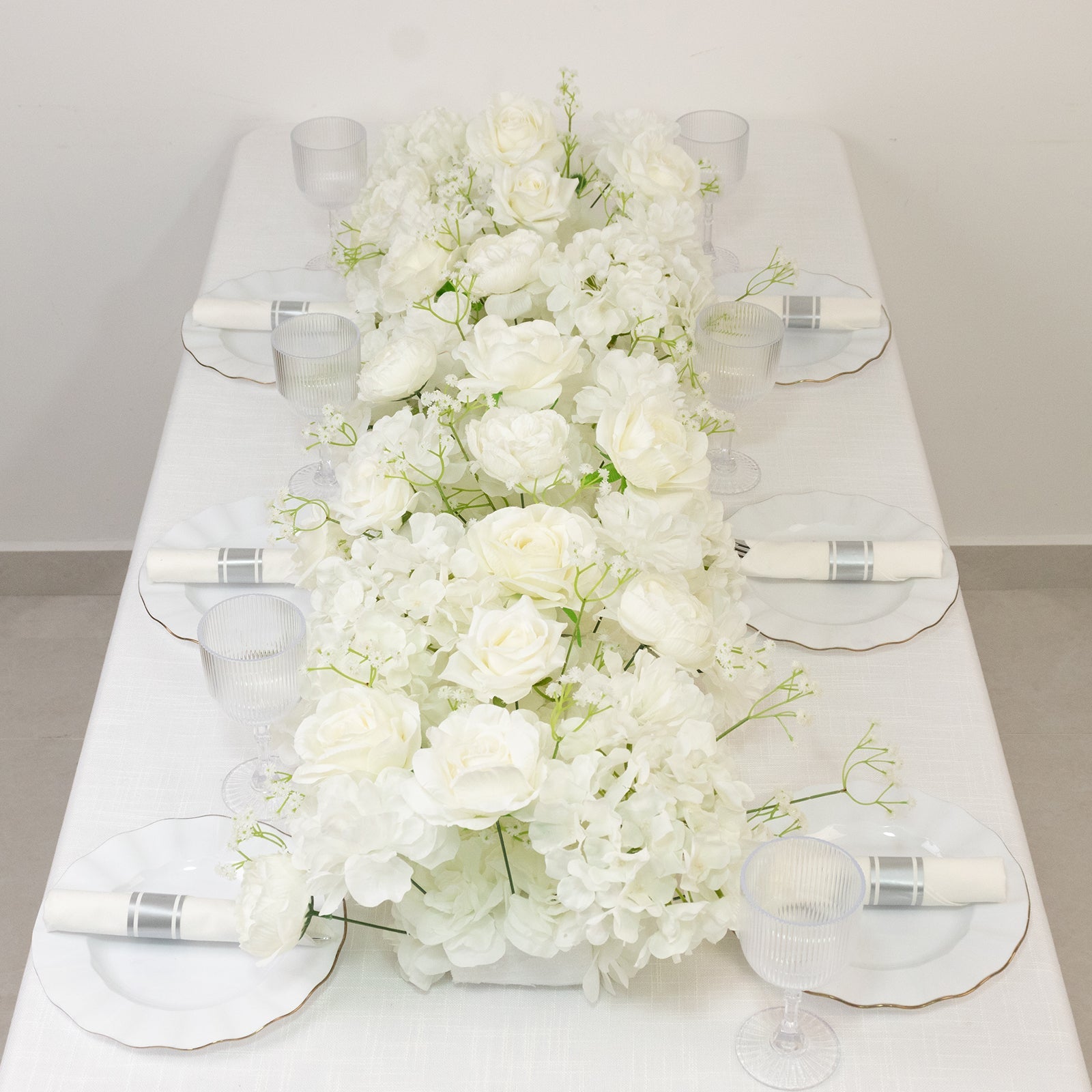 Pre-Arranged Silk Flower Table Runner 40"x16" – White Roses, Hydrangeas & Baby's Breath for Wedding Table & Arch Decor
