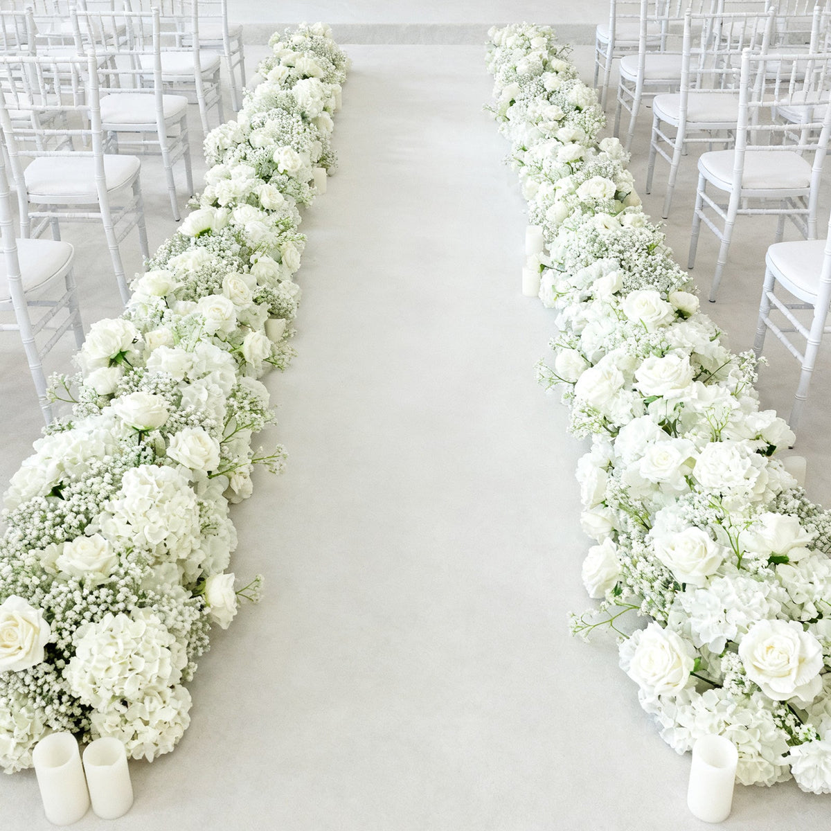 Pre-Arranged Silk Flower Table Runner 40"x16" – White Roses, Hydrangeas & Baby's Breath for Wedding Table & Arch Decor