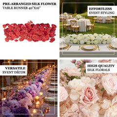 Pre-Arranged Silk Flower Table Runner 40"x16" Mixed Dusty Rose – Roses, Hydrangeas, Chrysanthemums & Peonies for Wedding Table & Arch Decor