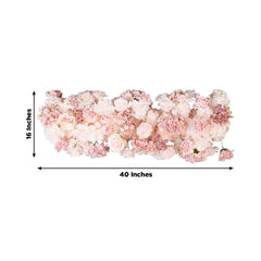Pre-Arranged Silk Flower Table Runner 40"x16" Mixed Dusty Rose – Roses, Hydrangeas, Chrysanthemums & Peonies for Wedding Table & Arch Decor