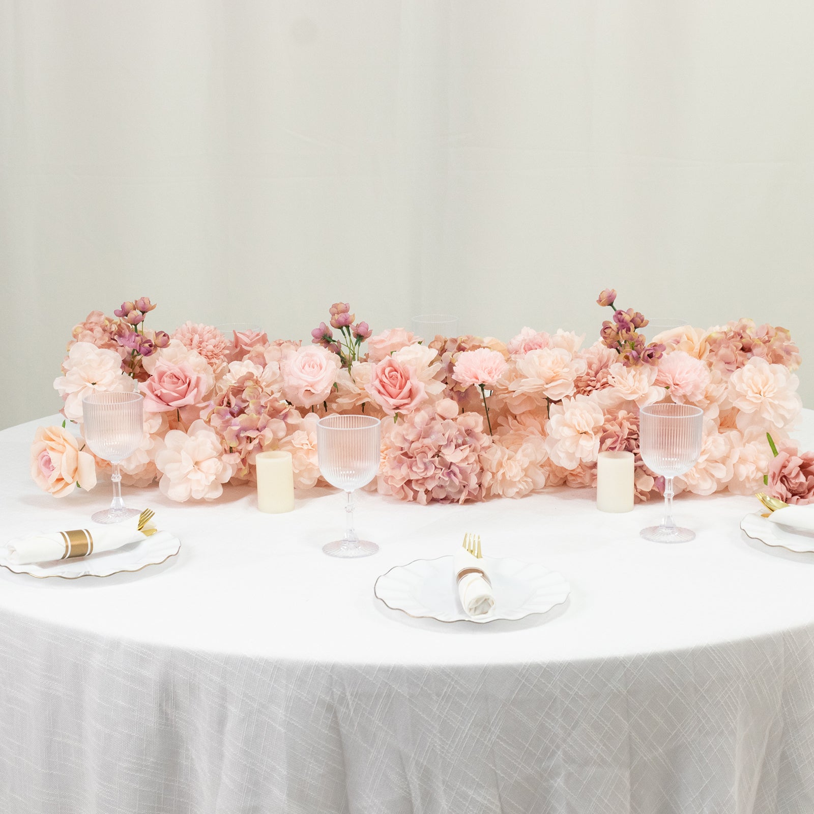 Pre-Arranged Silk Flower Table Runner 40"x16" Mixed Dusty Rose – Roses, Hydrangeas, Chrysanthemums & Peonies for Wedding Table & Arch Decor