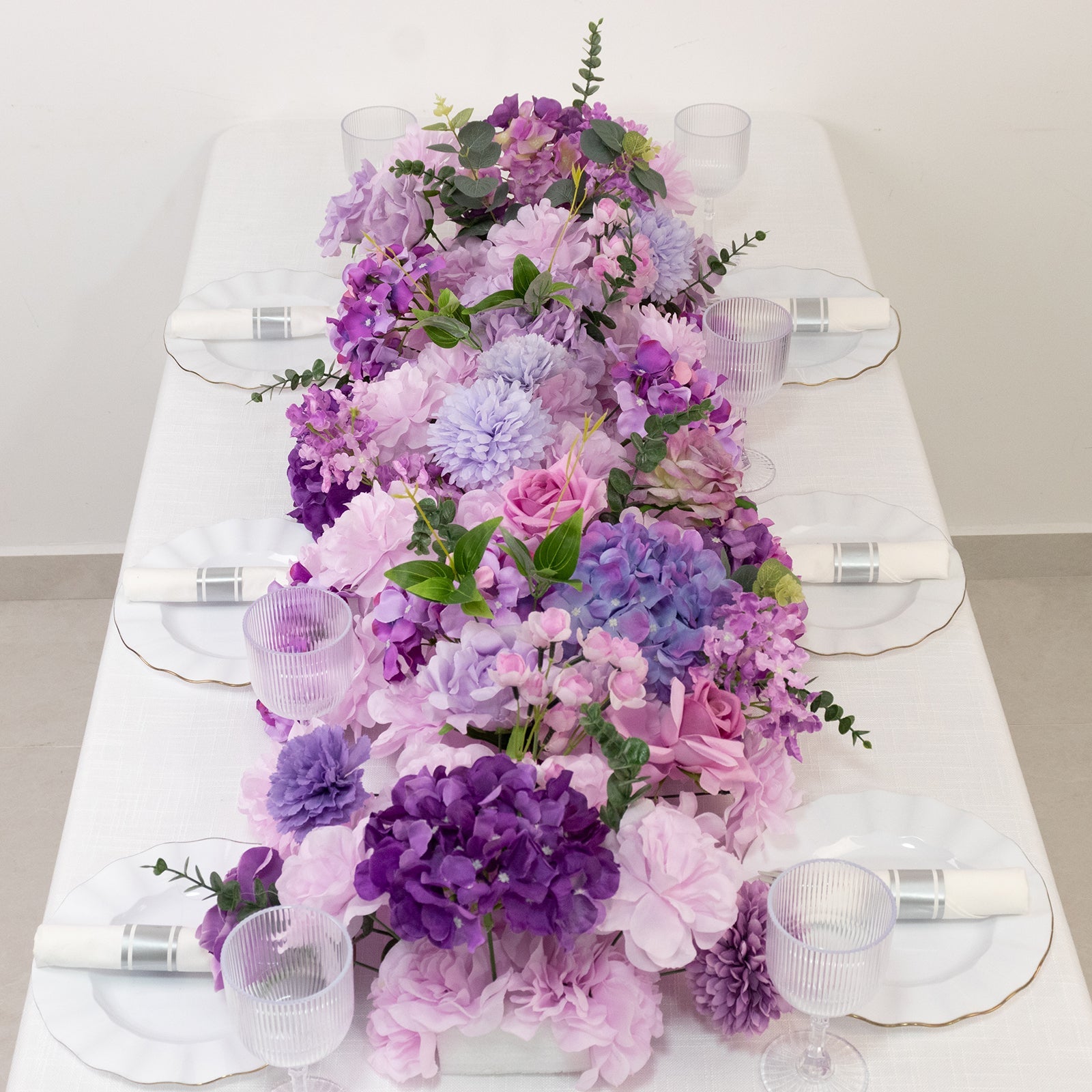 Pre-Arranged Silk Flower Table Runner 40"x16" Mixed Lavender Lilac – Roses, Hydrangeas, Chrysanthemums & Peonies for Wedding Table & Arch Decor
