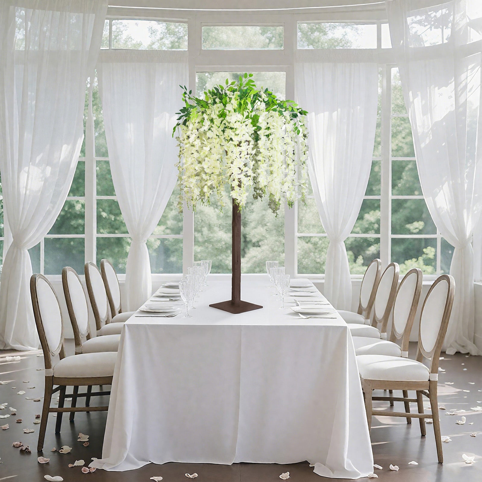 Cream Artificial Wisteria Tree – 4ft Cascading Silk Flowers with Natural Trunk for Weddings, Receptions & Event Centerpieces
