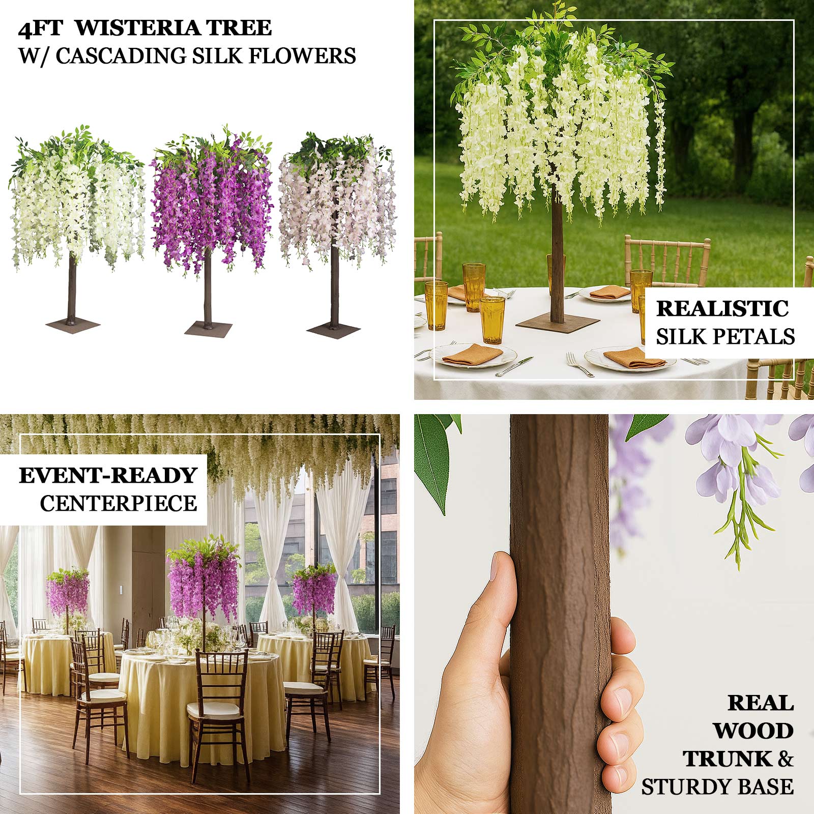 Cream Artificial Wisteria Tree – 4ft Cascading Silk Flowers with Natural Trunk for Weddings, Receptions & Event Centerpieces