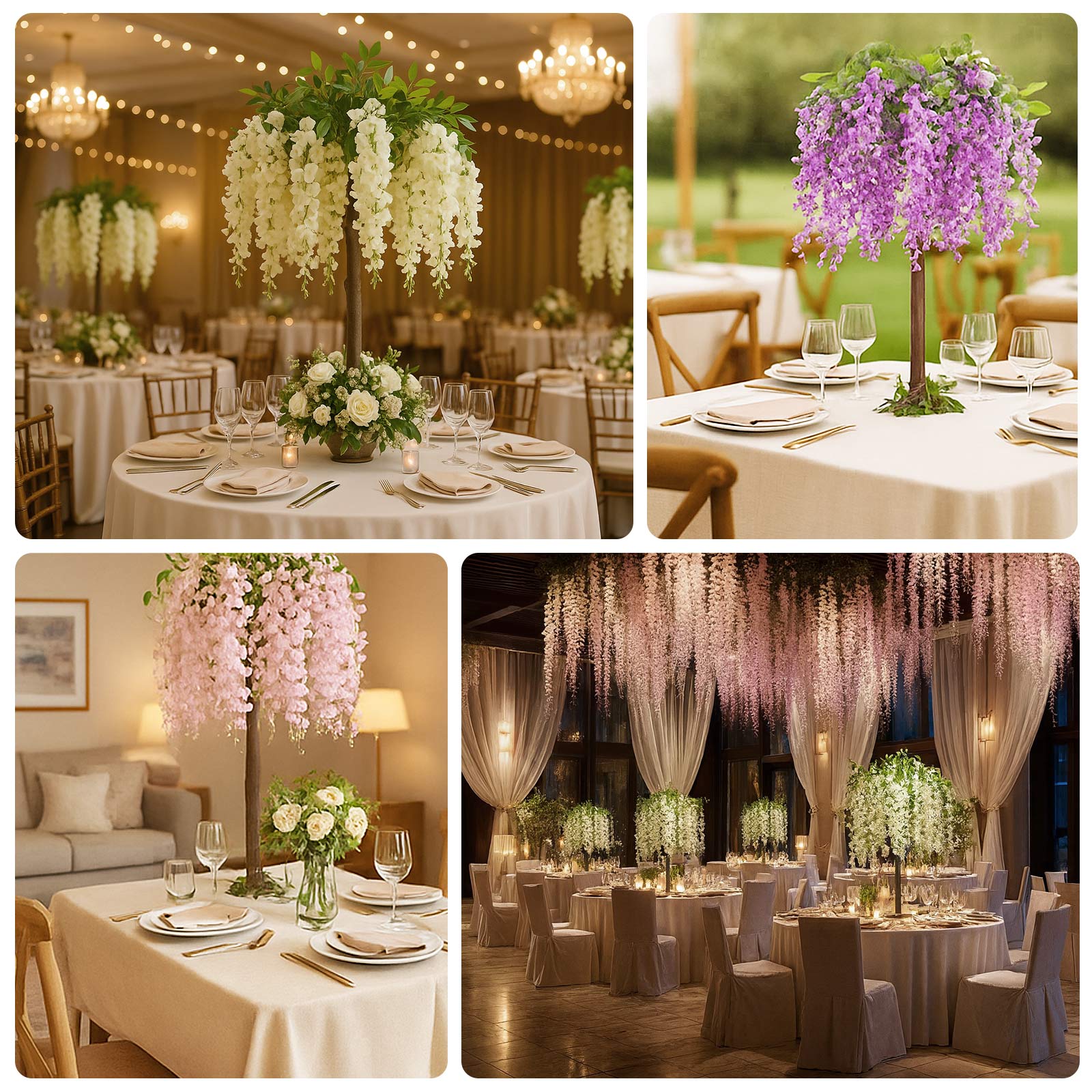 Cream Artificial Wisteria Tree – 4ft Cascading Silk Flowers with Natural Trunk for Weddings, Receptions & Event Centerpieces