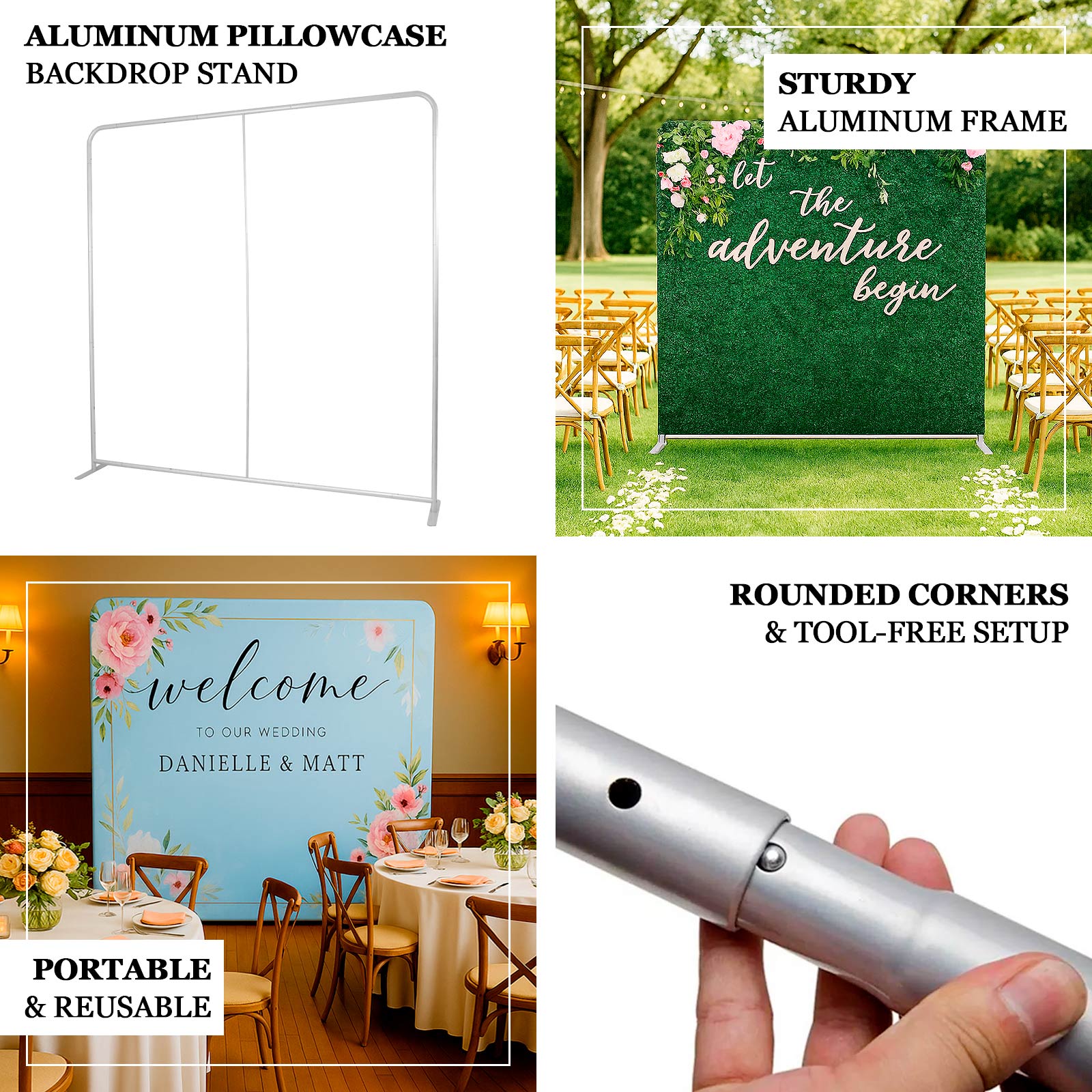 Pillowcase Backdrop Stand in Aluminum 8ft x 8ft – Portable Rounded Corner Tension Fabric Pillowcase Display Stand for Exhibits & Photography