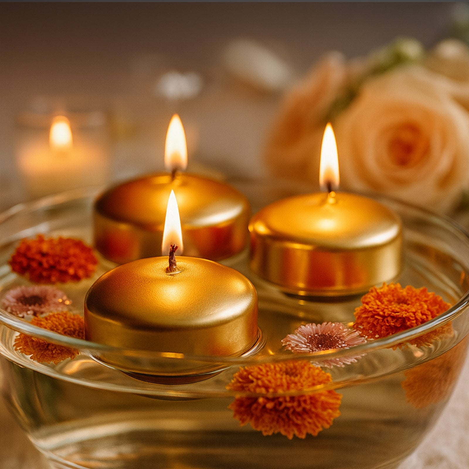 12 Pack 2" Metallic Gold Floating Candles – Unscented Dripless Long-Lasting Disc Wax Candles for Weddings & Table Décor