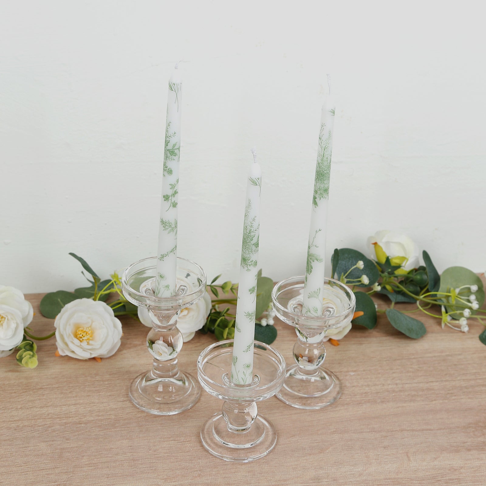 12 Pack 10" French Toile Wax Taper Candles White and Sage Green Unscented Candles