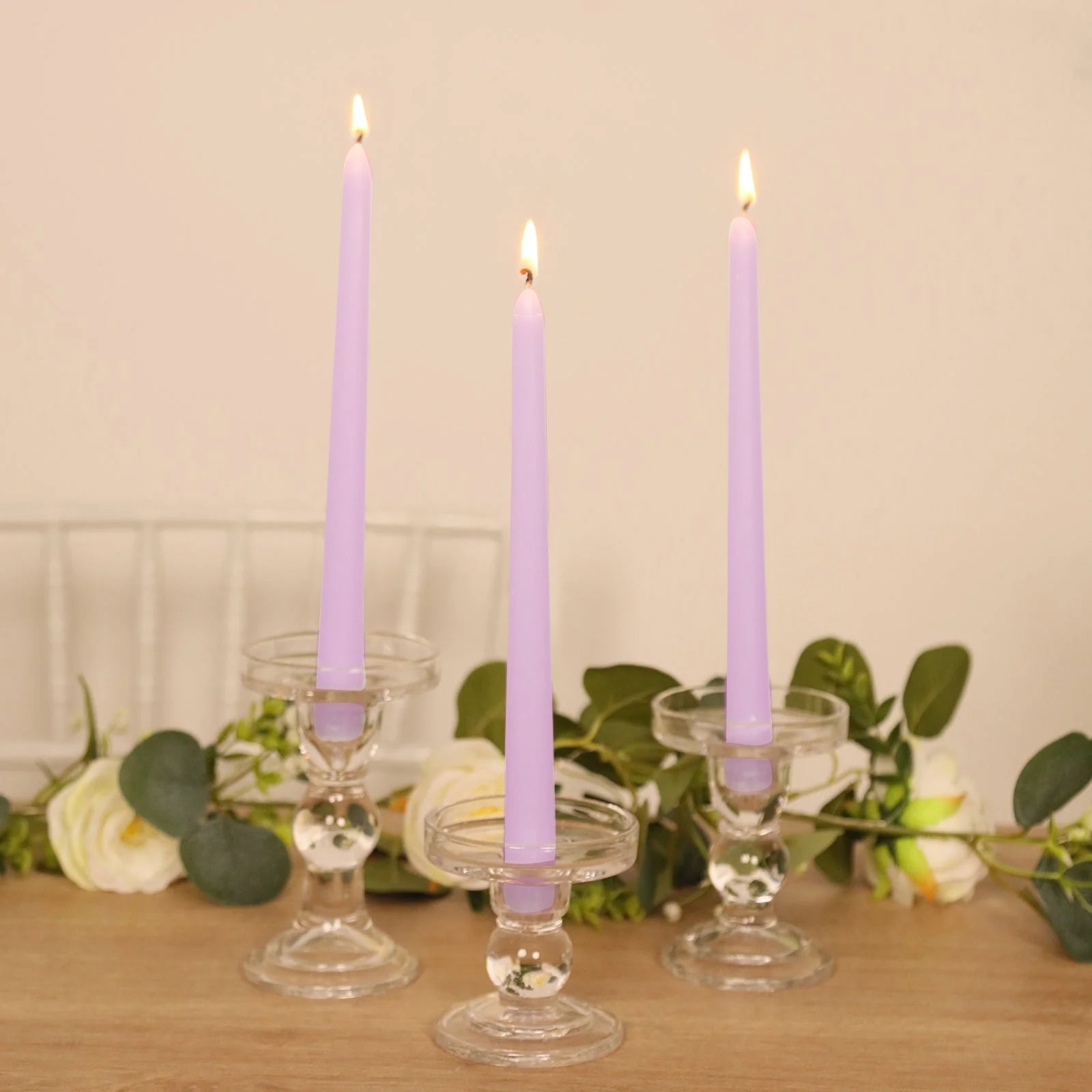 10-Pack Taper Candles Premium Wax Design Lavender Lilac - Unscented Candles for Upscale Settings 10"