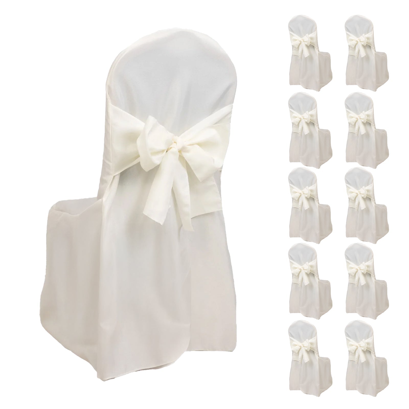 10-Pack Polyester Slip-On Banquet Chair Covers with Attached Sashes – Ivory Reusable Stain-Resistant Covers for Wedding & Event Decor