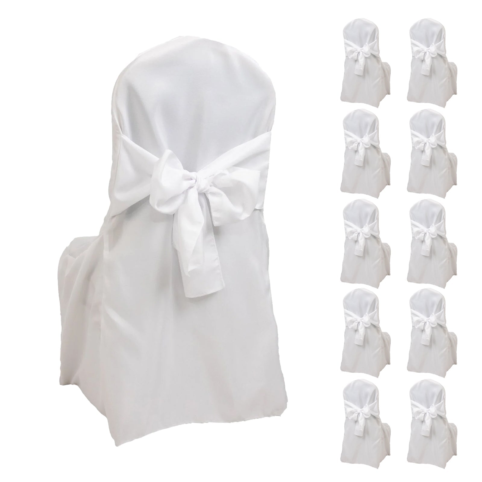10-Pack Polyester Slip-On Banquet Chair Covers with Attached Sashes – White Reusable Stain-Resistant Covers for Wedding & Event Decor