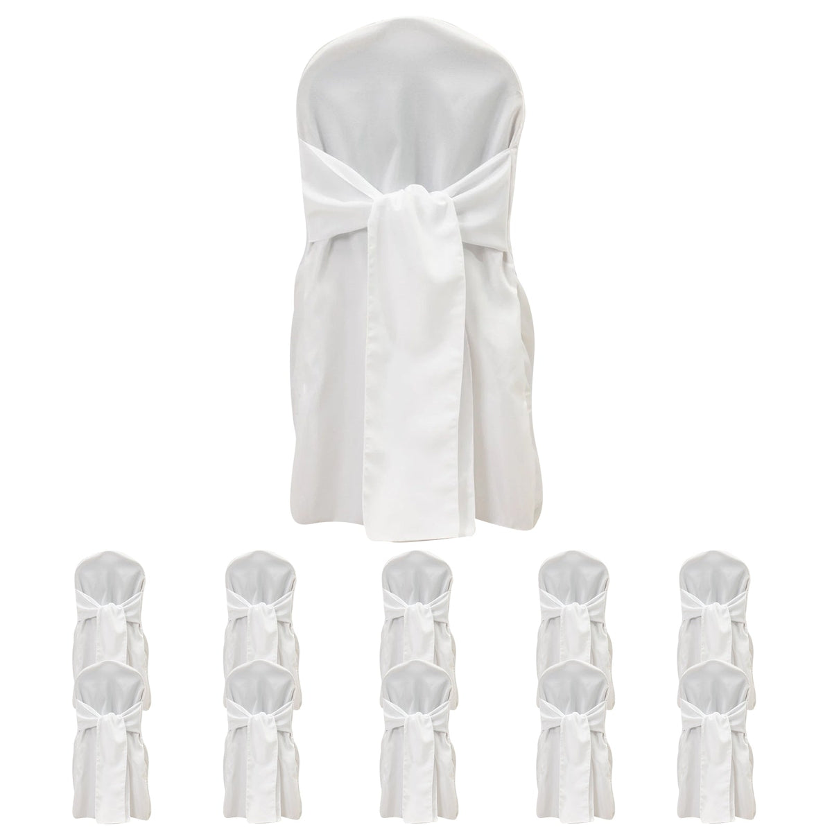 10-Pack Polyester Slip-On Banquet Chair Covers with Attached Sashes – White Reusable Stain-Resistant Covers for Wedding & Event Decor