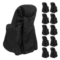 10-Pack Polyester Slip-On Folding Chair Covers with Attached Sashes – Black Durable Reusable Covers for Wedding & Event Decor
