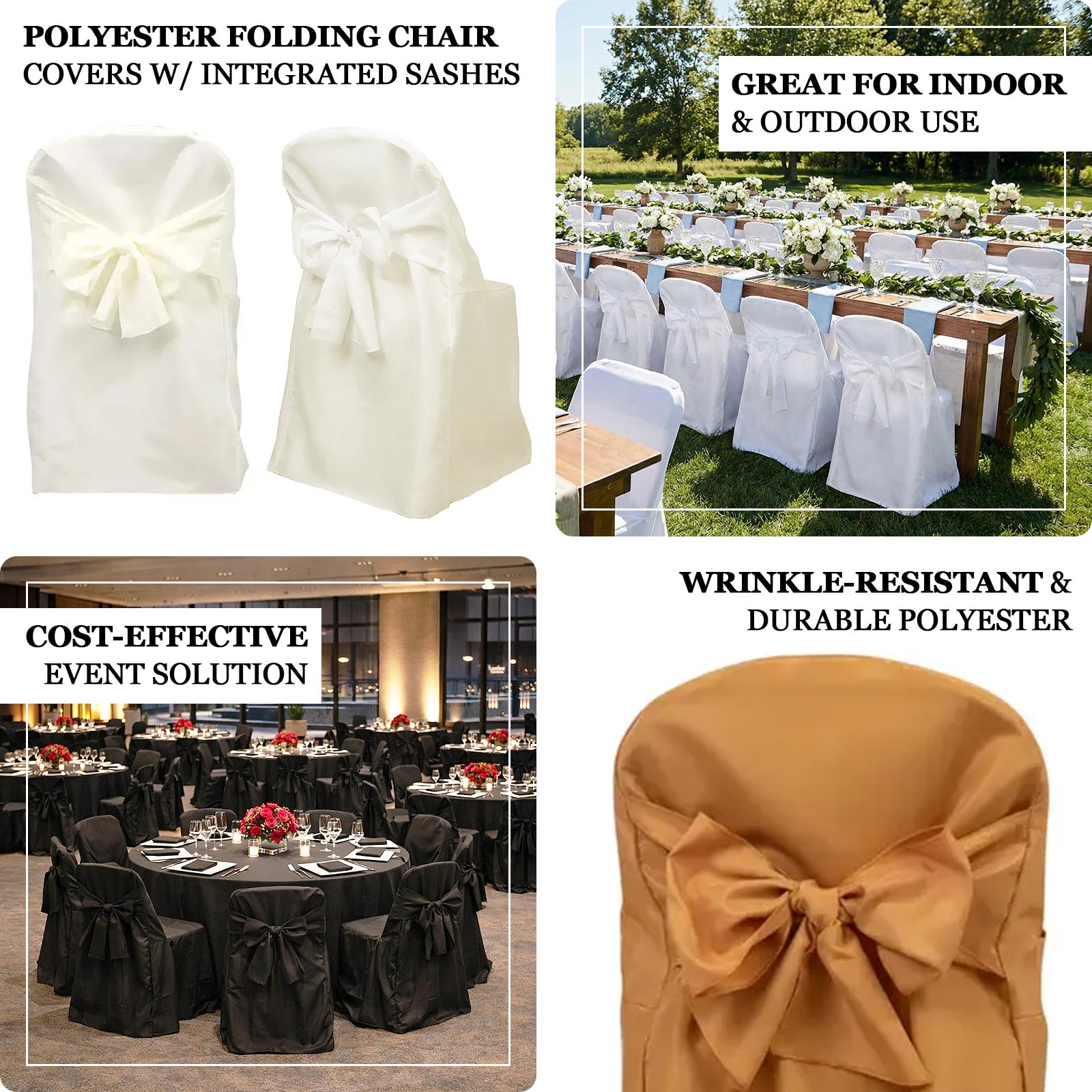 10-Pack Polyester Slip-On Folding Chair Covers with Attached Sashes – White Durable Reusable Covers for Wedding & Event Decor