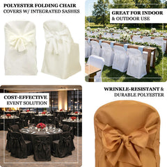 10-Pack Polyester Slip-On Folding Chair Covers with Attached Sashes – White Durable Reusable Covers for Wedding & Event Decor