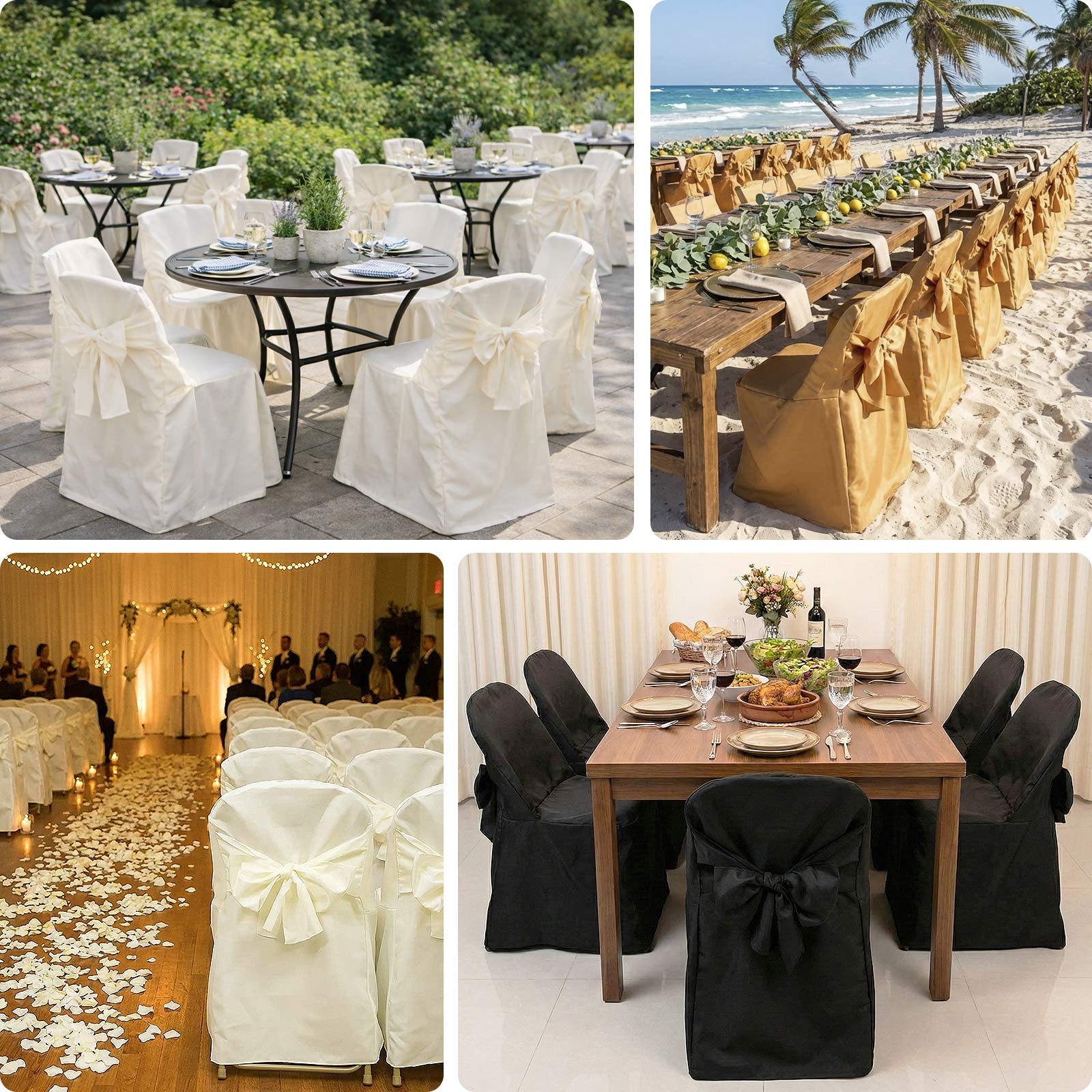 10-Pack Polyester Slip-On Folding Chair Covers with Attached Sashes – White Durable Reusable Covers for Wedding & Event Decor