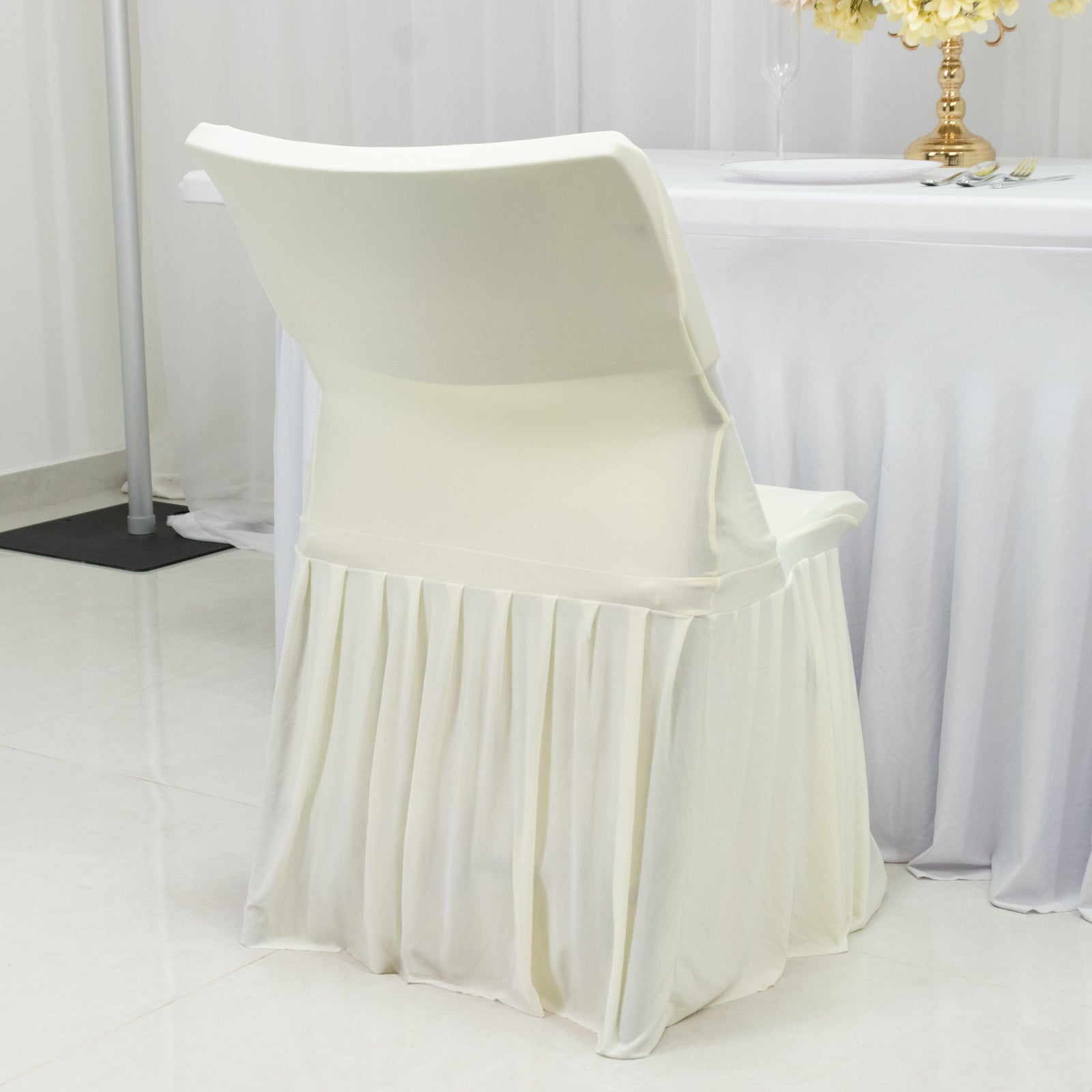 Ivory Spandex Pleated Lifetime Folding Chair Cover – Stretch Slipcover with Floor-Length Skirt, Also Fits Standard Chairs