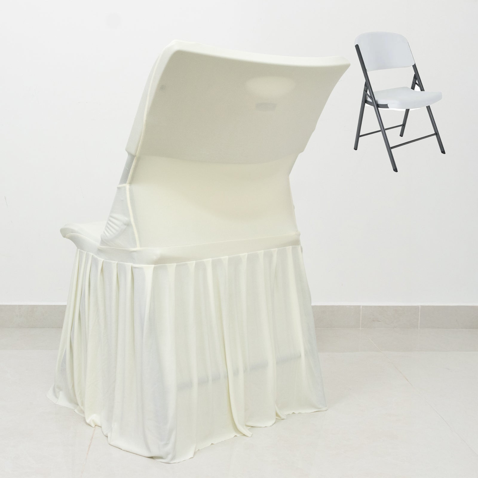 Ivory Spandex Pleated Lifetime Folding Chair Cover – Stretch Slipcover with Floor-Length Skirt, Also Fits Standard Chairs