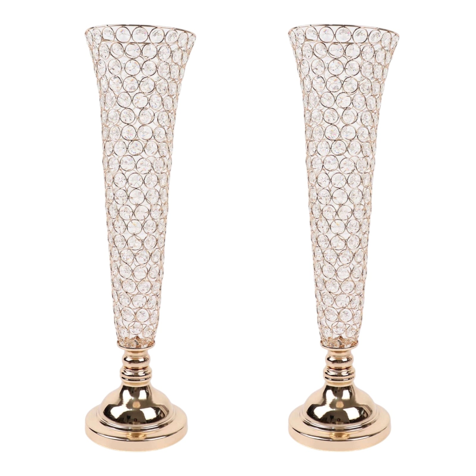 2-Pack Crystal Beaded Trumpet Vase Gold - Exquisite Floral Display Centerpiece Stand Set for Banquets & Receptions 28" Tall