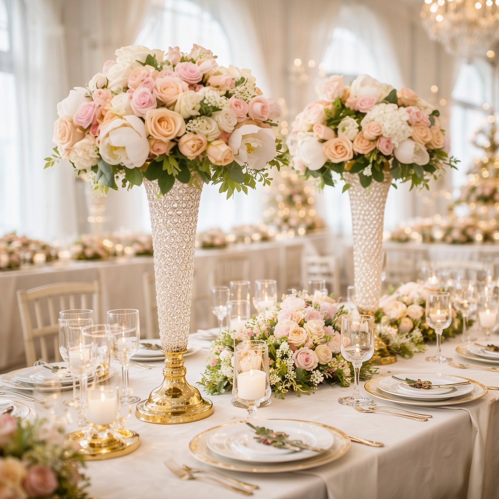 2-Pack Crystal Beaded Trumpet Vase Gold - Exquisite Floral Display Centerpiece Stand Set for Banquets & Receptions 28" Tall