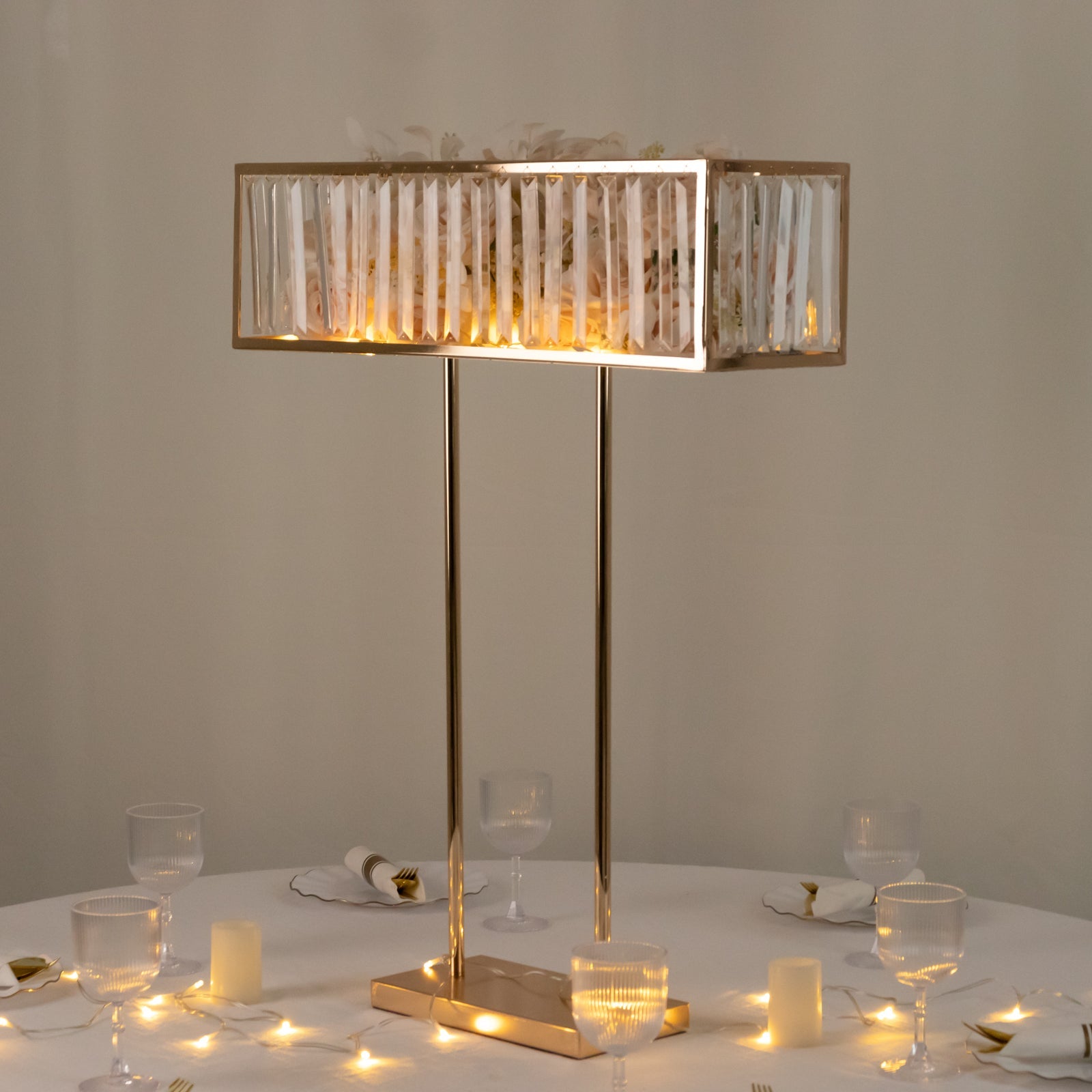 Gold Crystal Pendant Flower Stand, Metal Centerpiece Vase – 32" Tall Rectangular Display Rack