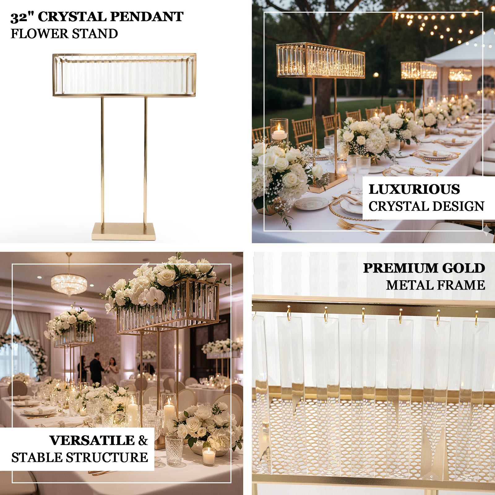 Gold Crystal Pendant Flower Stand, Metal Centerpiece Vase – 32" Tall Rectangular Display Rack