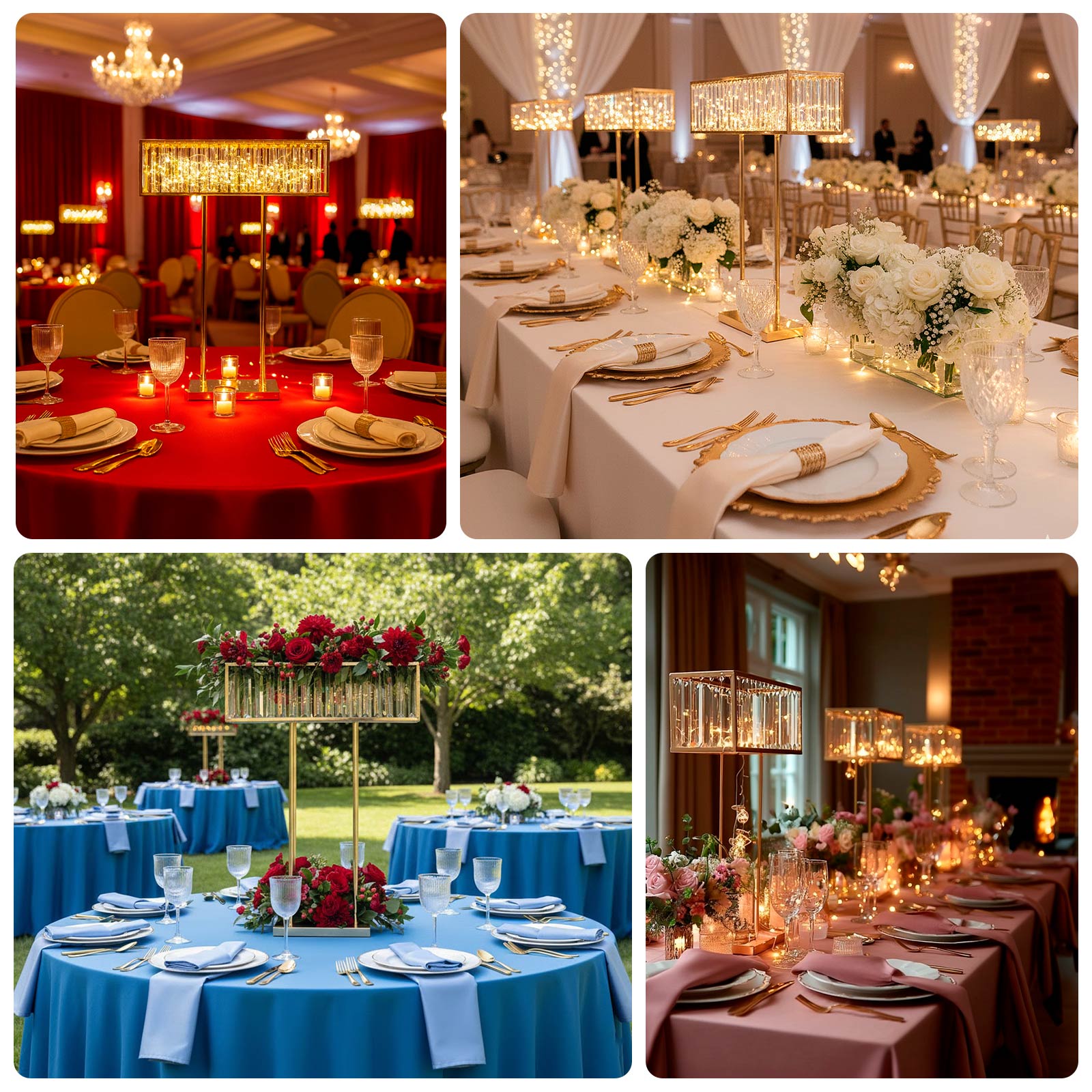 Gold Crystal Pendant Flower Stand, Metal Centerpiece Vase – 32" Tall Rectangular Display Rack