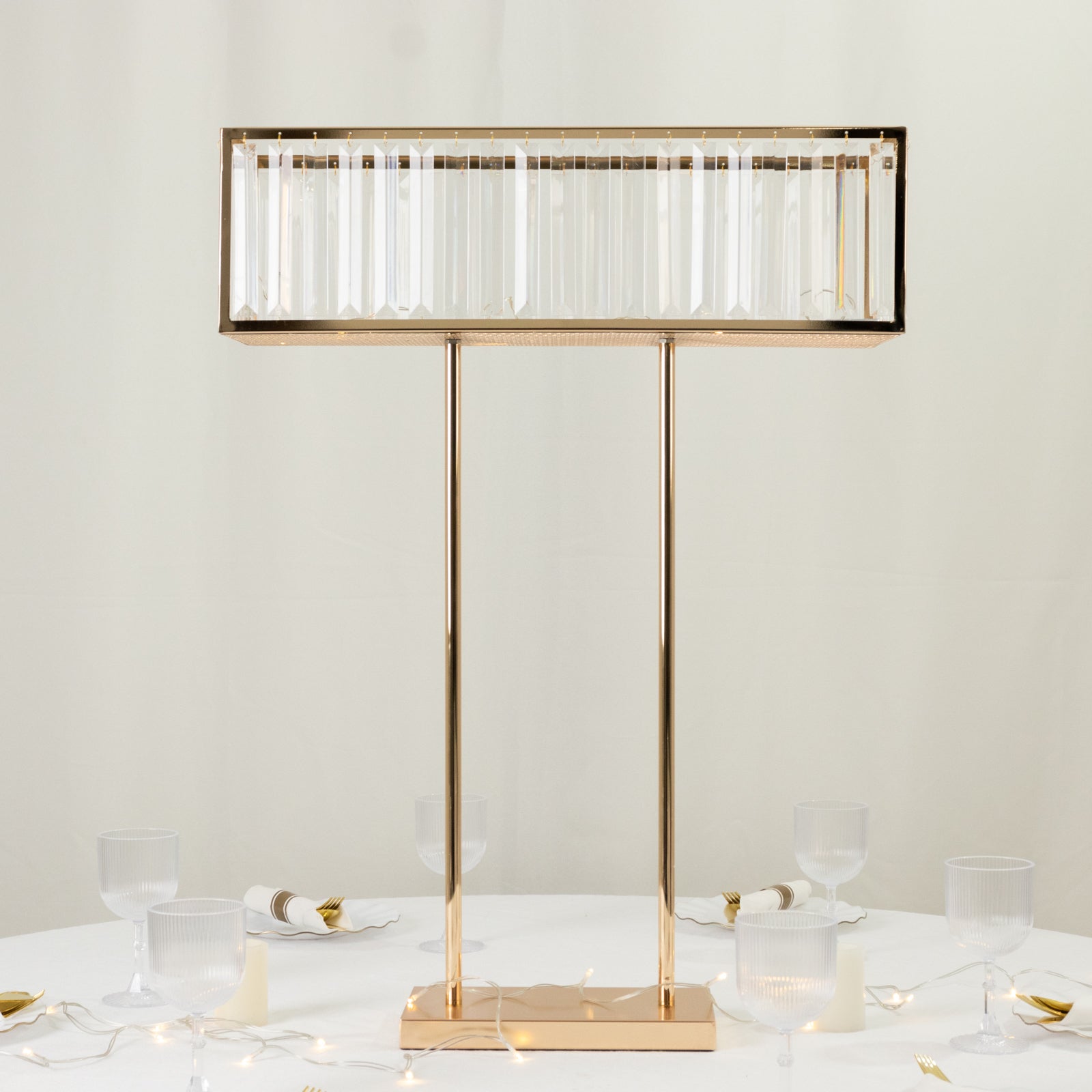 Gold Crystal Pendant Flower Stand, Metal Centerpiece Vase – 32" Tall Rectangular Display Rack
