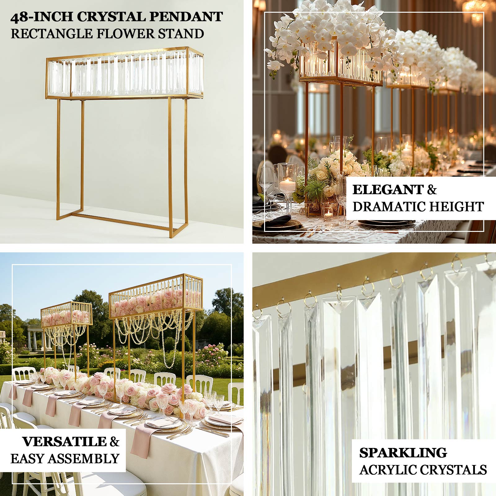 Gold Crystal Pendant Flower Stand, Metal Centerpiece Vase – 48" Tall Rectangular Display Rack