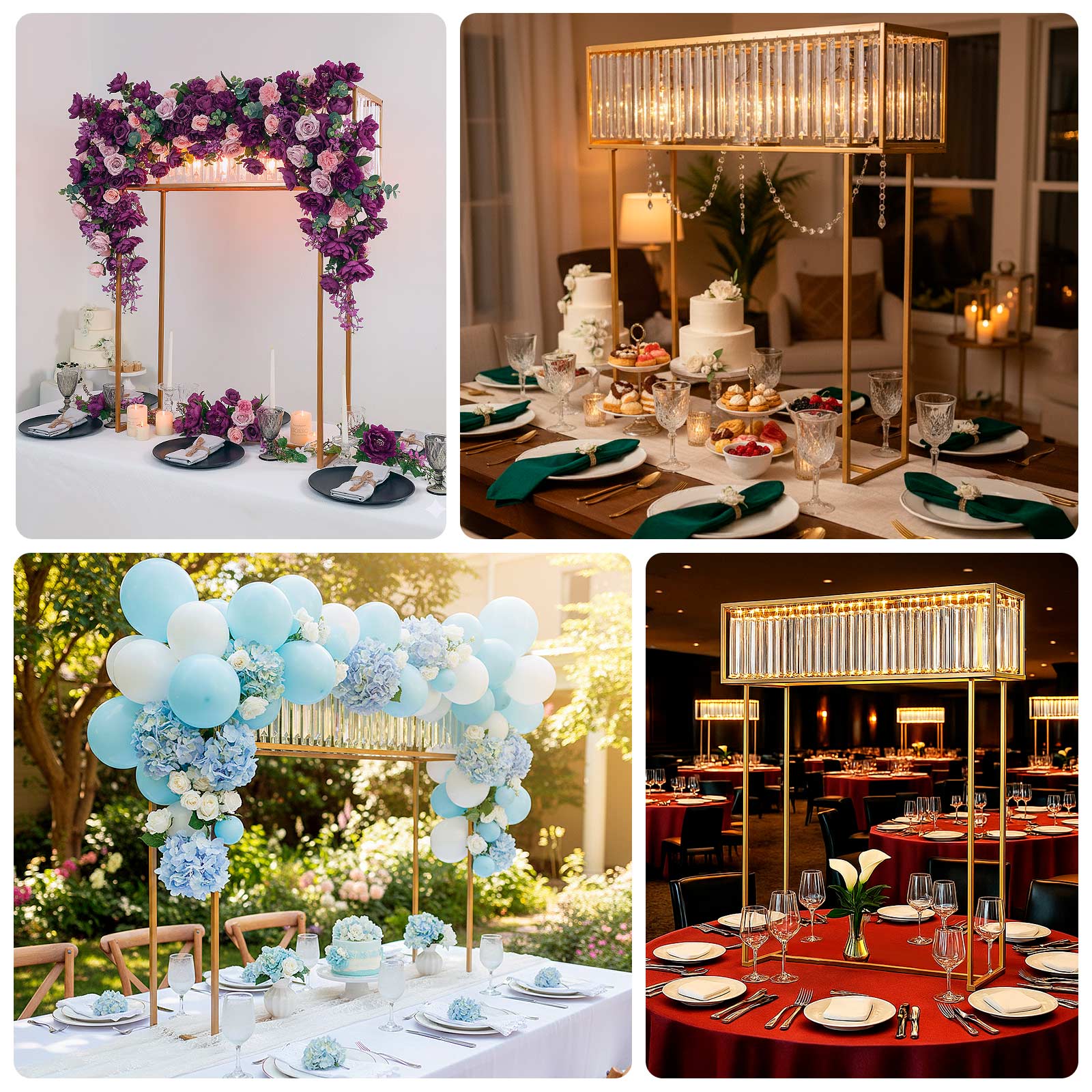 Gold Crystal Pendant Flower Stand, Metal Centerpiece Vase – 48" Tall Rectangular Display Rack